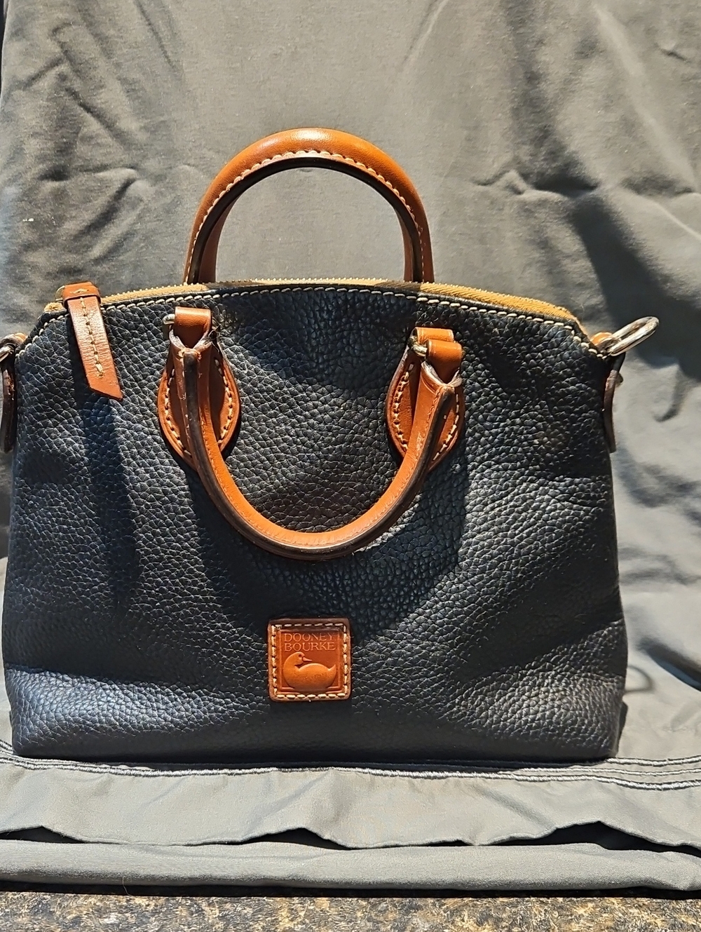 Dooney & Bourke Black Pebbled Leather Satchel with Brown Trim